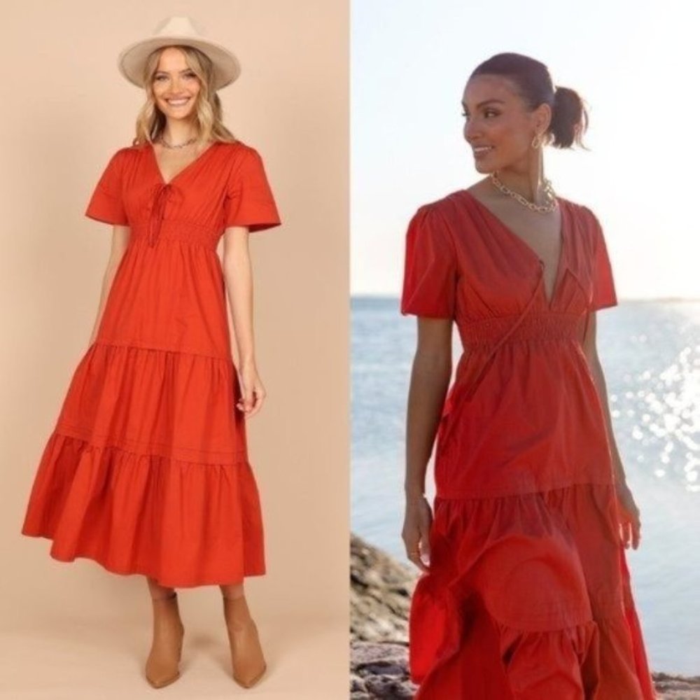 Petal & Pup Coral-Red Tiered V-Neck Maxi Dress